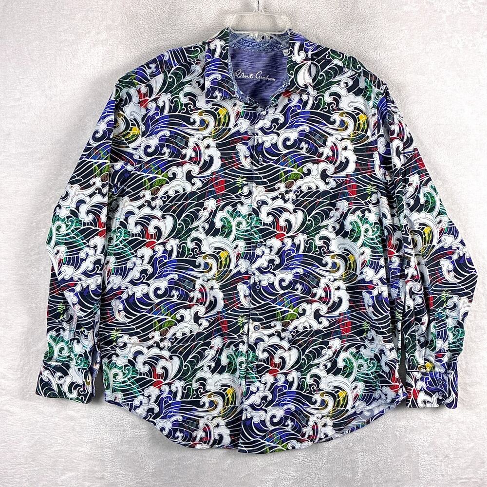 Robert Graham Shirt Men 2XLT Multicolor Waves AOP Classic Going Out Rock Y2K